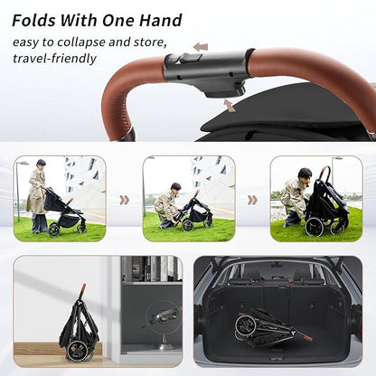Tinyiota Stroller for Babies,Toddler Strollers with Large UPF 50+ Canopy,Luxury Baby Stroller with Leather Handle & Spacious Seat, One-Hand Foldable Pushchair,Baby Carriage with Lie-Flat Mode(Black)
