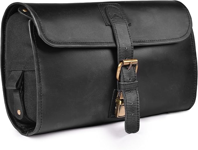 LEATHER VILLAGE Hanging Leather Toiletry Bag for Men – Handcrafted Vintage Premium Travel Dopp Kit with Waterproof Lining, Shaving Organizer and Shower Bathroom Essentials Case - Black