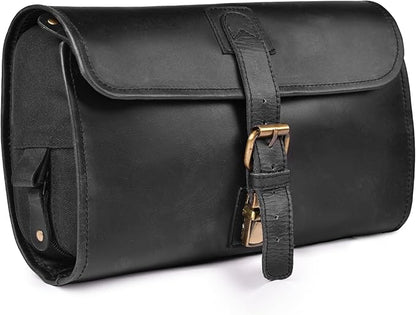 LEATHER VILLAGE Hanging Leather Toiletry Bag for Men – Handcrafted Vintage Premium Travel Dopp Kit with Waterproof Lining, Shaving Organizer and Shower Bathroom Essentials Case - Black