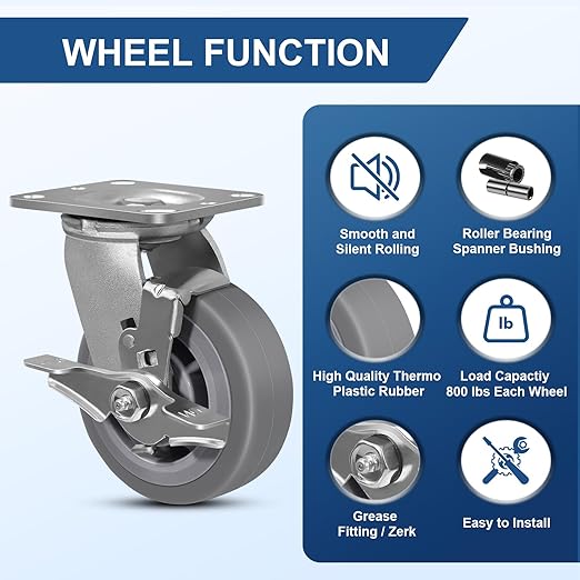 5 Inch Rubber Wheels (Flat Tread)- Heavy Duty Casters, Industrial Caster Wheels- with up to 800 LB Capacity- Use for Dollies, Utility and Maintenance Carts(2 Brake)