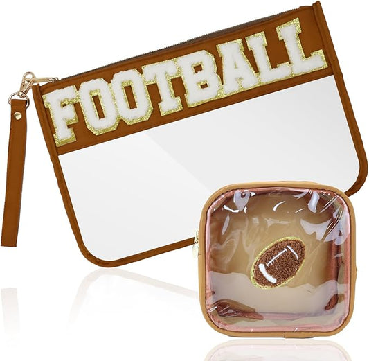 2 Pcs Football Gifts Makeup Bag with Chenille Letter Patch,with Handles PVC Waterproof Clear Makeup Bag,Portable Toiletry Storage Bag,Players & Fans Birthday, Team or Sports Lover Presents