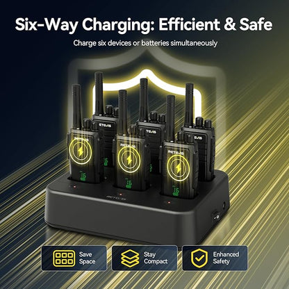 Retevis RT21H 2 Way Radio Long Range, Walkie Talkies for Adults, Hidden Display, Heavy Duty Rechargeable Two Way Radios with Six-Way Charger, for Manufacturing Education Security(6 Pack)