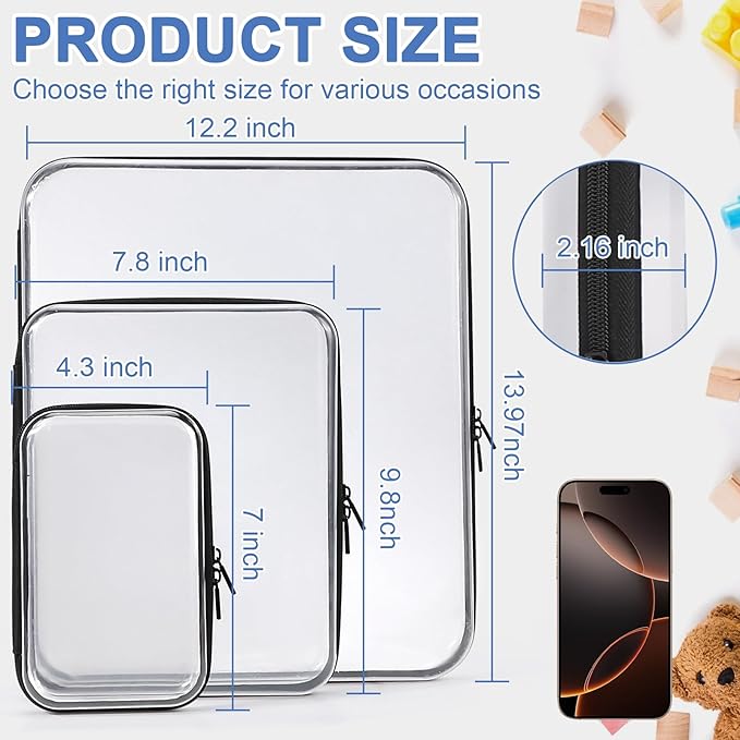 3 Pack Clear Hard Shell Zipper Case, Clear Zipper Pouches Waterproof Makeup Organizer & Travel Toiletry Bag, Plastic Pouch for Travel Office Storage, Black,3 Pack, LMS