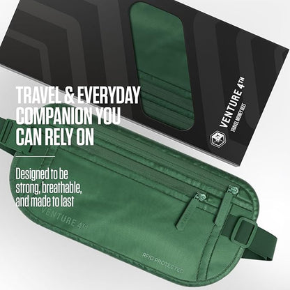 VENTURE 4TH Money Belt for Travel – Hidden Under-Clothes RFID Blocking Passport Holder & Slim Travel Wallet Pouch for Men & Women to Protect Cash, Cards & Documents (Sleek Army Green)