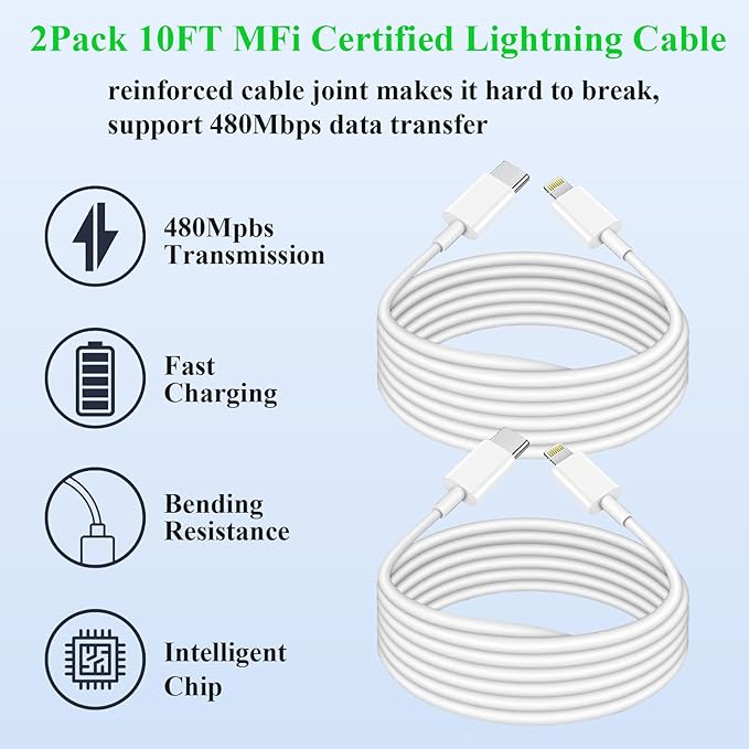 3Pack iPhone Fast Charger[Apple Mfi Certified],10FT iPhone Charger Fast Charging USB C to Lightning Cable with Type C Charger Block Fast Charging Adapter for iPhone 14 13 12 11 Pro Max X Xs Max 8Plus