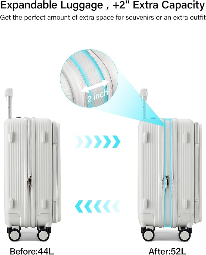 Hanke 20 Inch Expandable Carry On Luggage Airline Approved Top Opening Travel Luggage Rolling Suitcase with Cup Holder Hard Shell Suitcases with Wheels (Smoke White)