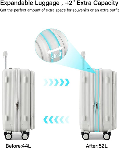 Hanke 20 Inch Expandable Carry On Luggage Airline Approved Top Opening Travel Luggage Rolling Suitcase with Cup Holder Hard Shell Suitcases with Wheels (Smoke White)