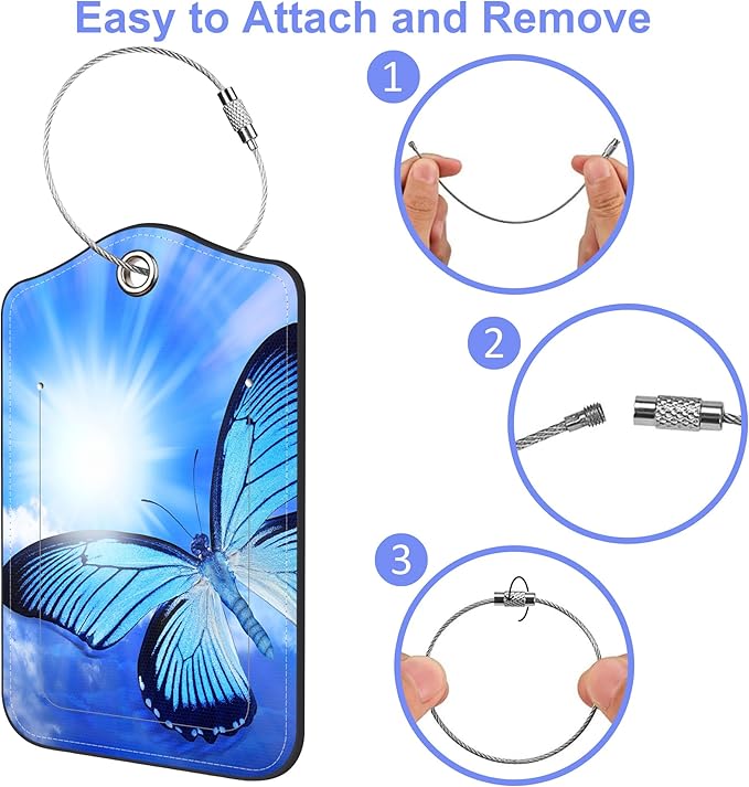 2 Pack Luggage Tags Blue Butterfly PU Leather Baggage Tag with Privacy Cover Stainless Steel Loop and Name ID Card for Men Women Travel Bag Luggage Accessories, 4.6 x 2.7 inch