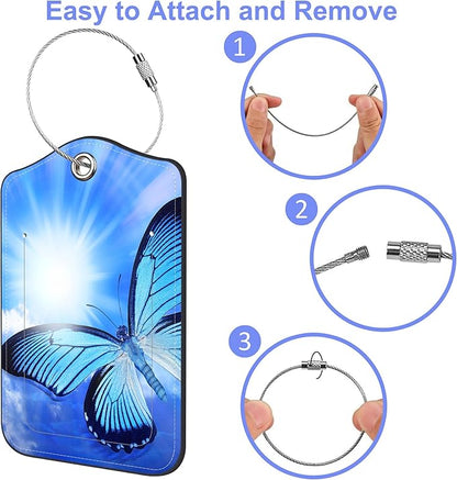 2 Pack Luggage Tags Blue Butterfly PU Leather Baggage Tag with Privacy Cover Stainless Steel Loop and Name ID Card for Men Women Travel Bag Luggage Accessories, 4.6 x 2.7 inch