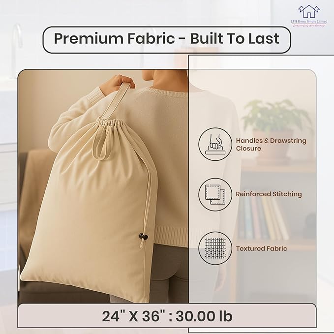 LFH Home Large Premium 100% Cotton Canvas Laundry Bag with Drawstring and Handles Heavy Duty, Multi-Use, and Washable for Home, Travel, College or Storage 24x36 (Pack of 4)-Natural