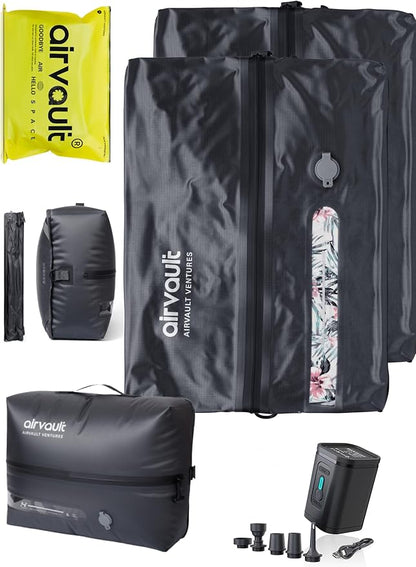 AirVault Travel Pack Vacuum Kit Reusable Air Seal Compression Bags with Wireless Suitcases Backpack Space Saver Vacpack (Gray 18L (2-Pack), 18L (Air Pump Included)