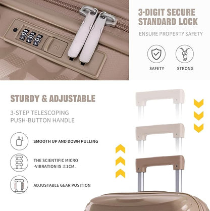LARVENDER Luggage Sets 3 Piece, Hardside PP Carry On Luggage Suitcase with 360° Spinner Wheels Suitcase Sets for Women Men, Champagne
