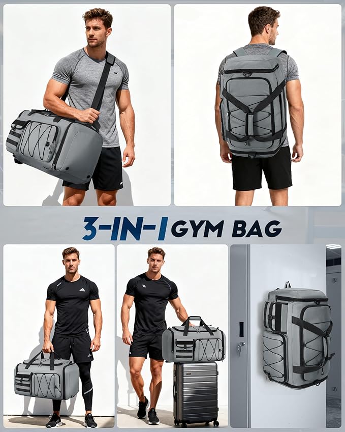 SDYSM Gym Bag for Men 45L Sports Duffel Bags 3-in-1 Travel Duffel Bag with Shoe Compartment, Gym Workout Backpack Carry On Weekender Bag Overnight Bag for Travel, Grey