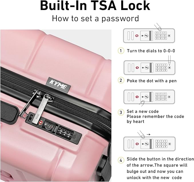 KYME Carry On Luggage 22x14x9 Airline Approved with TSA Lock Hardshell Carry-On Suitcase with Wheels Travel Rolling 22 inch Luggage with Cup Holder for Women Pink