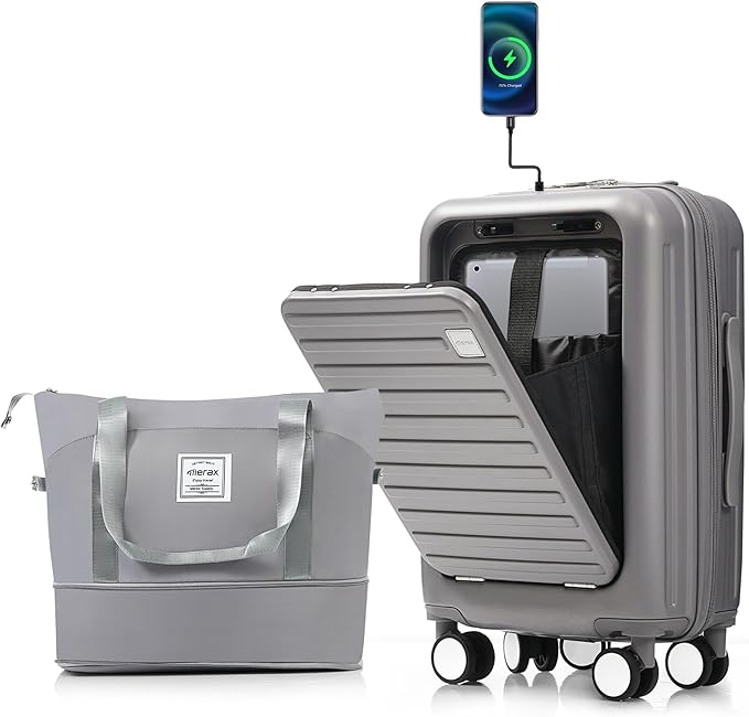 Merax Front Opening 20-Inch Carry-On Luggage with Expandable Travel Bag Set, ABS Hard Shell Two-piece Suitcase Set with USB Port, Cup Holder, ABS+grey blue
