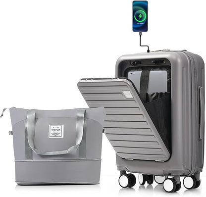 Merax Front Opening 20-Inch Carry-On Luggage with Expandable Travel Bag Set, ABS Hard Shell Two-piece Suitcase Set with USB Port, Cup Holder, ABS+grey blue