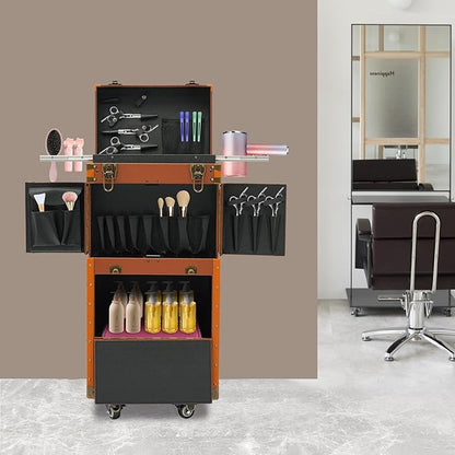 Beauty Rolling Makeup Train Case, Professional Lockable Rolling Salon Luggage, Retro-Rolling Cart Storage Organizer Trolley Make Up Case, 4 Universal Wheels, Retractable Rod, Buckle (Coffee Color)