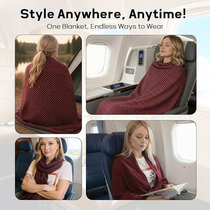 Compact Travel Blanket - Ultra Soft & Lightweight Knit Design Airplane Blanket, 53x72 Inch, Stylish Travel Shawl Wraps for Flights, Car,Travel Essentials, Gifts, Camping