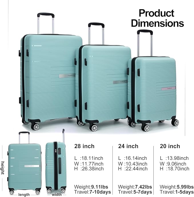 Travelhouse Luggage Sets, Expandable Hardside Suitcases 24in/28in, Carry on 20in,3 Piece Set Travel Luggages Clearance with Double Spinner Wheels TSA Lock Lightweight (Green-1206)