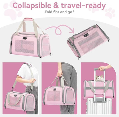 Airline Approved Cat Carrier 17.5×10.5×10.5 in, Escape-Proof Design with Locking Zippers & Safety Leash, Easy-Access 3-Way Entry, Washable Mat, Gift-Ready Holiday Choice for Cats up to 12 lb