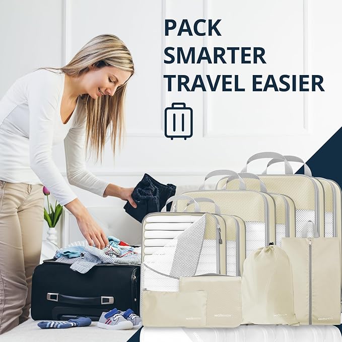 Compression Packing Cubes 10 Set, Compressible Space-Saving Packing Cubes for Travel - Compression Bags, Luggage Organizer, Travel Essentials for Women, Beige
