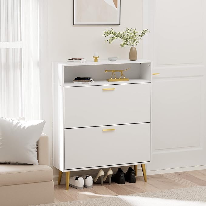 JOZZBY Shoe Cabinet for Entryway, White Narrow Shoe Storage Cabinet with 2 Flip Drawers, Freestanding Hidden Shoe Rack Storage with Open Shelves for Hallway, Living Room, Set of 2