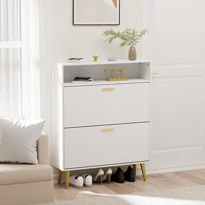 JOZZBY Shoe Cabinet for Entryway, White Narrow Shoe Storage Cabinet with 2 Flip Drawers, Freestanding Hidden Shoe Rack Storage with Open Shelves for Hallway, Living Room, Set of 2