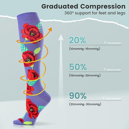 Floral Compression Socks for Women 20-30mmHg Knee High, Best for Ladies, Nurses, Pregnancy, Travel