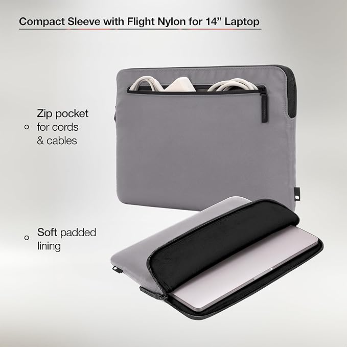 Incase Compact Laptop Sleeve with Flight Nylon - 14-inch MacBook/Laptop & iPad/Tablet Sleeve - Faux Fur Lining, Lightweight, Durable, Weather Resistant, Slip Pocket for Accessories - Conte Grey
