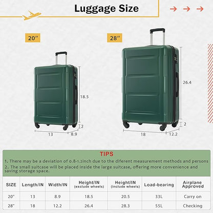 Merax Luggage Sets 4 Piece Suitcase Set, Expandable Hardside 20 IN & 28 IN Suitcase Set with Duffel Bag, Lightweight Travel Luggage with Spinner Wheels and TSA Lock(Dark Green)