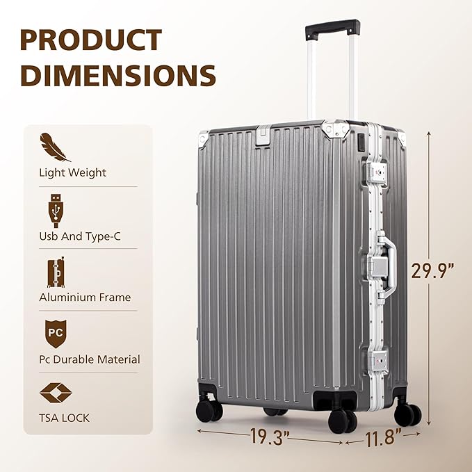 28-Inch Checked Large Luggage with Thickened Aluminum Frame, Durable PC Hardside Zipperless Suitcase with Spinner Wheels,TSA Lock,USB Charging Port,Dark Gray