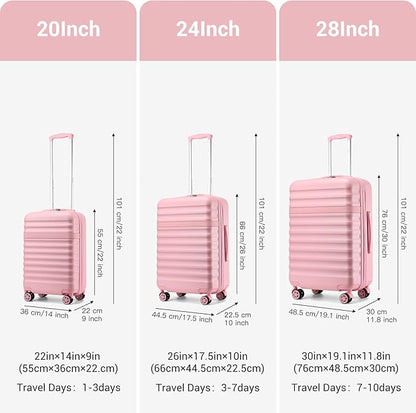 Kono Luggage Set 3 Pieces Expandable PC ABS Durable Suitcase Hardside with Double Spinner Wheels Tsa Lock Pink(20in/24in/28in)