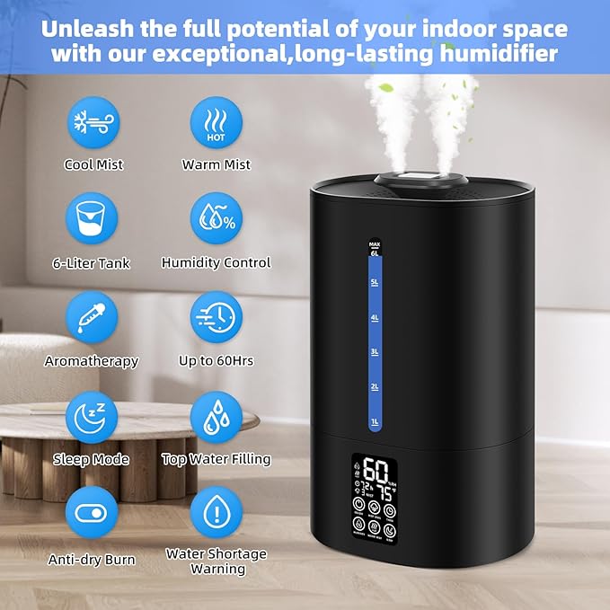 6L Humidifiers for Bedroom Large Room Home, Cool and Warm Humidifier for Plants Mist Top Fill Desk Humidifiers Essential Oil Diffuser, Quiet Humidifier with Adjustable Mist,360°Nozzle-Midnight Black