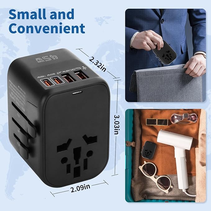 Aigostar 5-in-1 Universal Travel Adapter, GaN 45W Fast Charge International Plug Adapter with 2 Type-C & 2 USB-A Ports, Worldwide Power Adaptor Wall Charger for EU US UK AUS CHN JP Travel Business