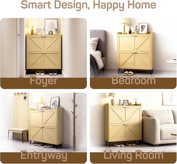 Shoe Storage Cabinet for Entryway with 2 Flip Drawers, Narrow Metal Shoe Cabinet with Anti-Tip, Holds 12-16 Pairs, Freestanding Shoes Cabinets Storage for Entryway, Foyer, Hallway