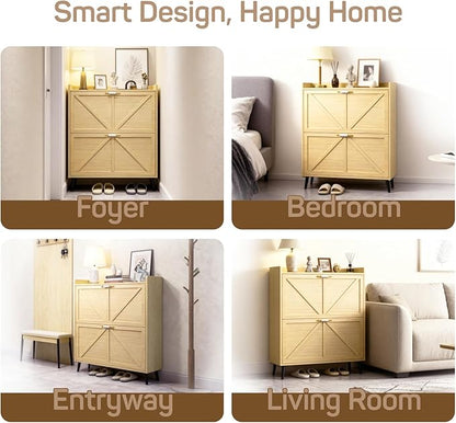 Shoe Storage Cabinet for Entryway with 2 Flip Drawers, Narrow Metal Shoe Cabinet with Anti-Tip, Holds 12-16 Pairs, Freestanding Shoes Cabinets Storage for Entryway, Foyer, Hallway