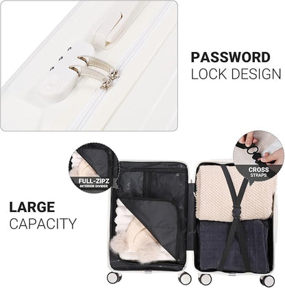 Carry-on Luggage with Cup Holder & USB Charging Port, Hard Side Luggage with Spinner Wheels, Lightweight Luggage for Travel, Business (White, Carry-On 20-Inch)