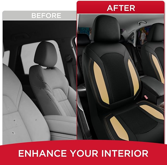 Rubbermaid Leather Mesh Car Seat Covers, Breathable Air Mesh Front Seat Cover, Universal Fit Slip-on Design, Airbag Compatible, Automotive Seat Protector for Most Cars, SUVs, Trucks, Vans-Beige