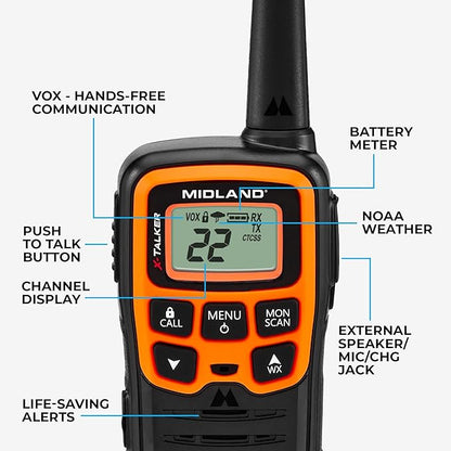 Midland- T51VP3 X-TALKER Spotting and Recovery Walkie-Talkie Long Range - FRS Two Way Radio for kids Caravanning with NOAA Weather Scan + Alert, 38 Privacy Codes - Black/Orange - 2 Pack
