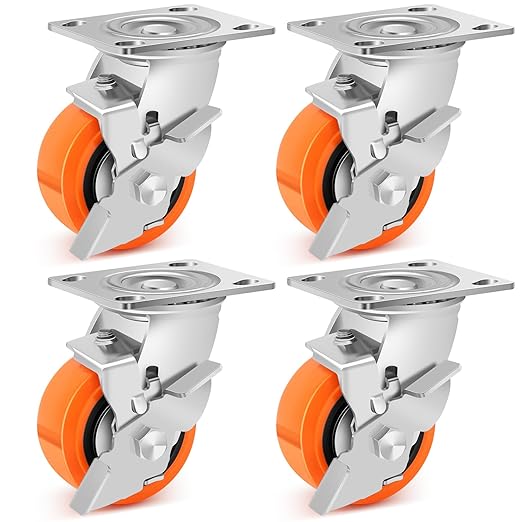 4 Inch Industrial Casters - Heavy Duty Caster Wheels Set of 4, Polyurethane Wheel Capacity up to 2500 lbs, Plate Swivel Caster Use for Workbenches, Platform Truck, Dollies Cart(4 Brake)