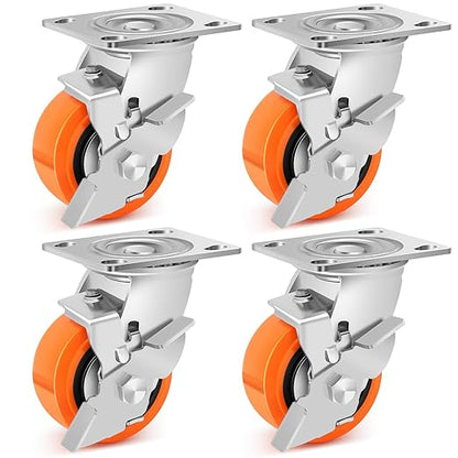 4 Inch Industrial Casters - Heavy Duty Caster Wheels Set of 4, Polyurethane Wheel Capacity up to 2500 lbs, Plate Swivel Caster Use for Workbenches, Platform Truck, Dollies Cart(4 Brake)