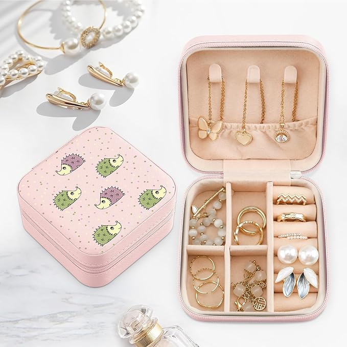MAYCARI Jewelry Box with Cute Hedgehog Pattern Design, PU Leather Jewelry Travel Organizer Case-Rings/Earrings/Necklace Storage Box for Women Birthday Mom Friends Her Bridesmaids Girls s