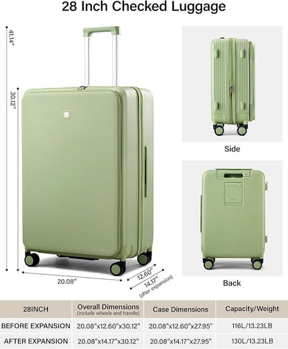 Hanke Expandable 28 Inch Luggage with Spinner Wheels Top Opening Travel Luggage Hard Shell Rolling Suitcases Large Lightweight Checked Luggage with Cup Holder(Bamboo Green)