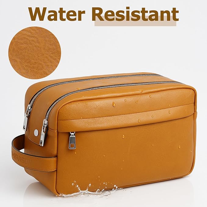 MIRASON Travel Toiletry Bag for Men Leather Travel Bag for Toiletries, Dopp Kit Water-resistant Shower Bag for Shaving Bathroom Organizer Gifts for Men, Brown