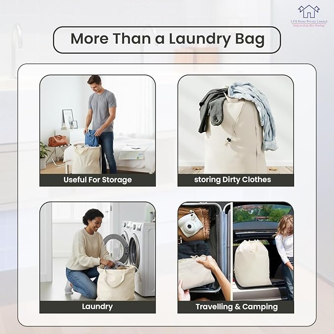 LFH Home Cotton Canvas Large Laundry Bag with Handle, Heavy Duty Drawstring Closure Washable Laundry Bags, School Travel, Home, Hotel, College Dorm, Organizer Sack, Toy Clothes 20x30 (Pack of 6)-White