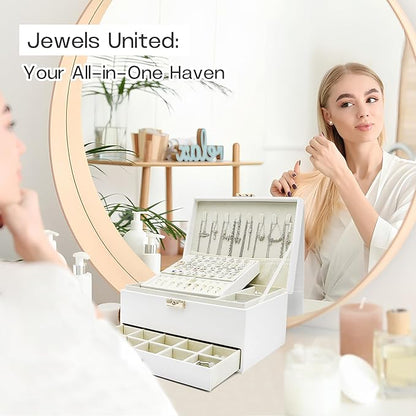 Jewelry Organizer Box, Jewelry Box Organizers for Women Girls, Jewellery Display Holder, 3 Layers Large Leather Jewels Storage Case for Earring, Rings, Necklaces, Bracelets, Watch, Ideal Gift (White)