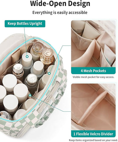 Narwey Large Travel Toiletry Bag, Wide-open Travel Bag for Toiletries, Toiletry Bags for Traveling Women, Cosmetic Make Up Makeup Bag Organizer with Wet Pocket, Skincare Bag (Mint Green Checkerboard)