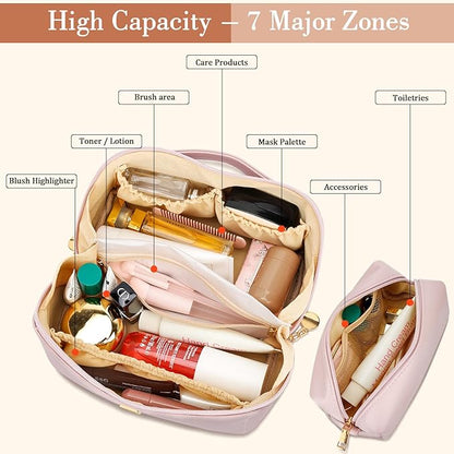Birthday Gifts for Women Teen Girl, Personalized Initial Makeup Organizer Bag Set, Open Flat Travel Cosmetic Bag With Clear Divider and Handle(Pink,E)