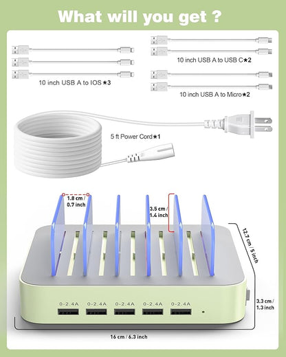 MSTJRY Charging Station for Multiple Devices : 5 Port Multi USB-A Charger Stations Multi-Device Organizer Charging Dock Designed for iPhone iPad Cell Phone Tablets (7 Short Cables Included), Cyan