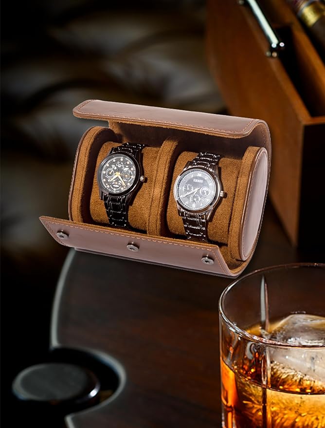 MR.OKAY 2 Watch Travel Case-Classic Leather Watch Case With Superb Texture.Portable Watch Roll Or Organizer For Storage And Display. Best Travel Gift for Men,All Handcrafted By Artisans.
